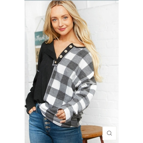 Sweaters - Plaid Half and Half Button Down Knit Top